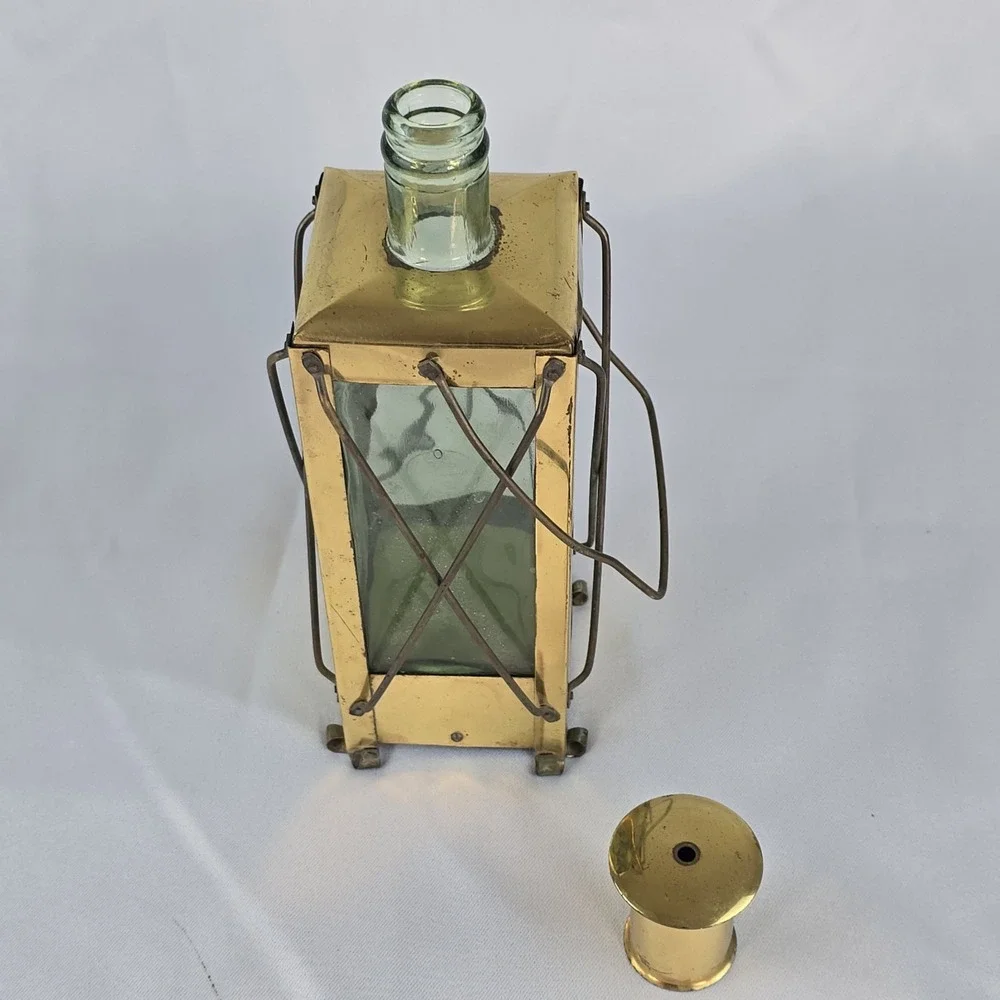 Vtg Brass & Green Glass Sweden Handarbete Wind Up Music Box Lantern Decanter